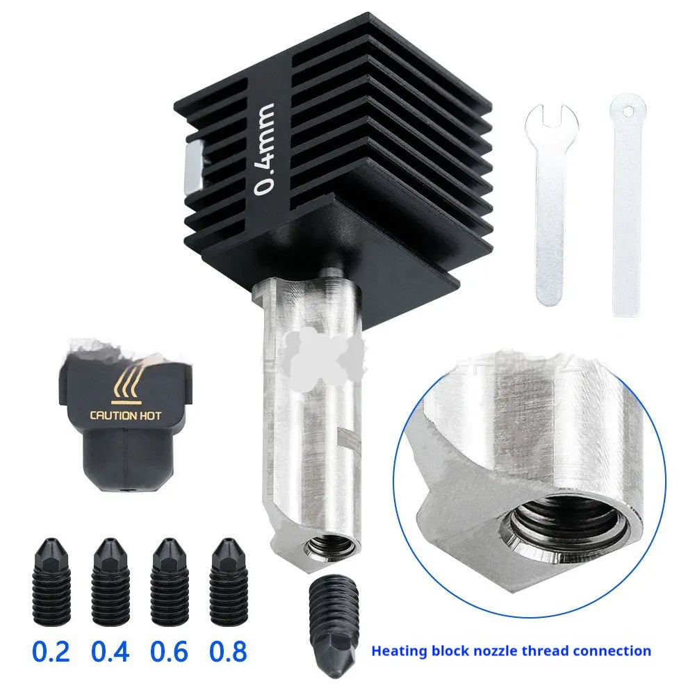 A1 Mini 3D printer hardened steel hot end assembly with silicone sleeve and multiple nozzle diameter options