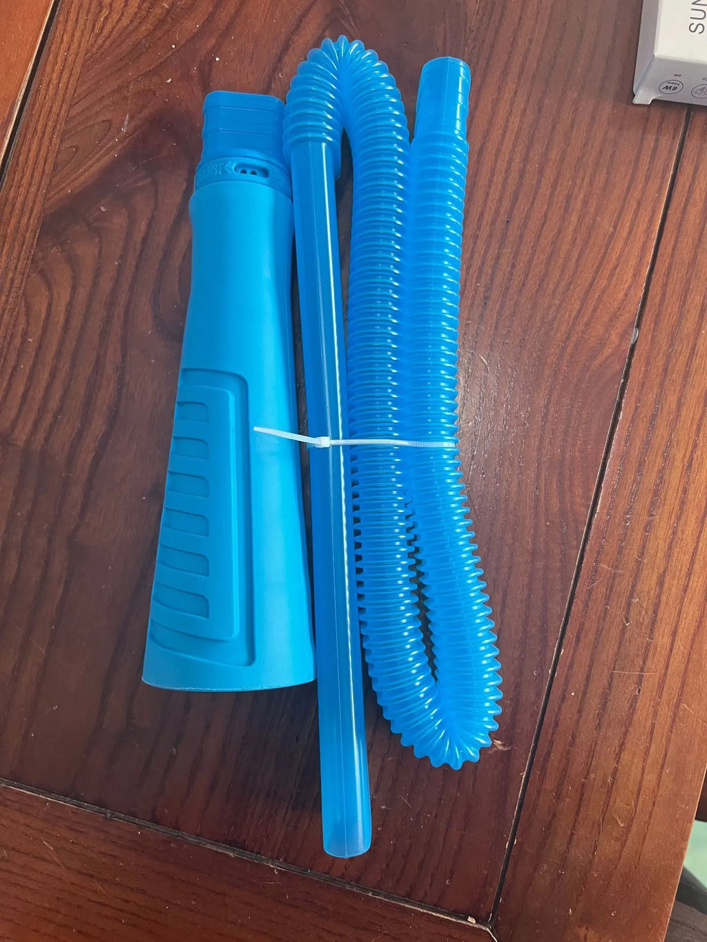 Blue plastic vacuum cleaner suction pipe with round head, 114cm long, for appliance vent cleaning.
