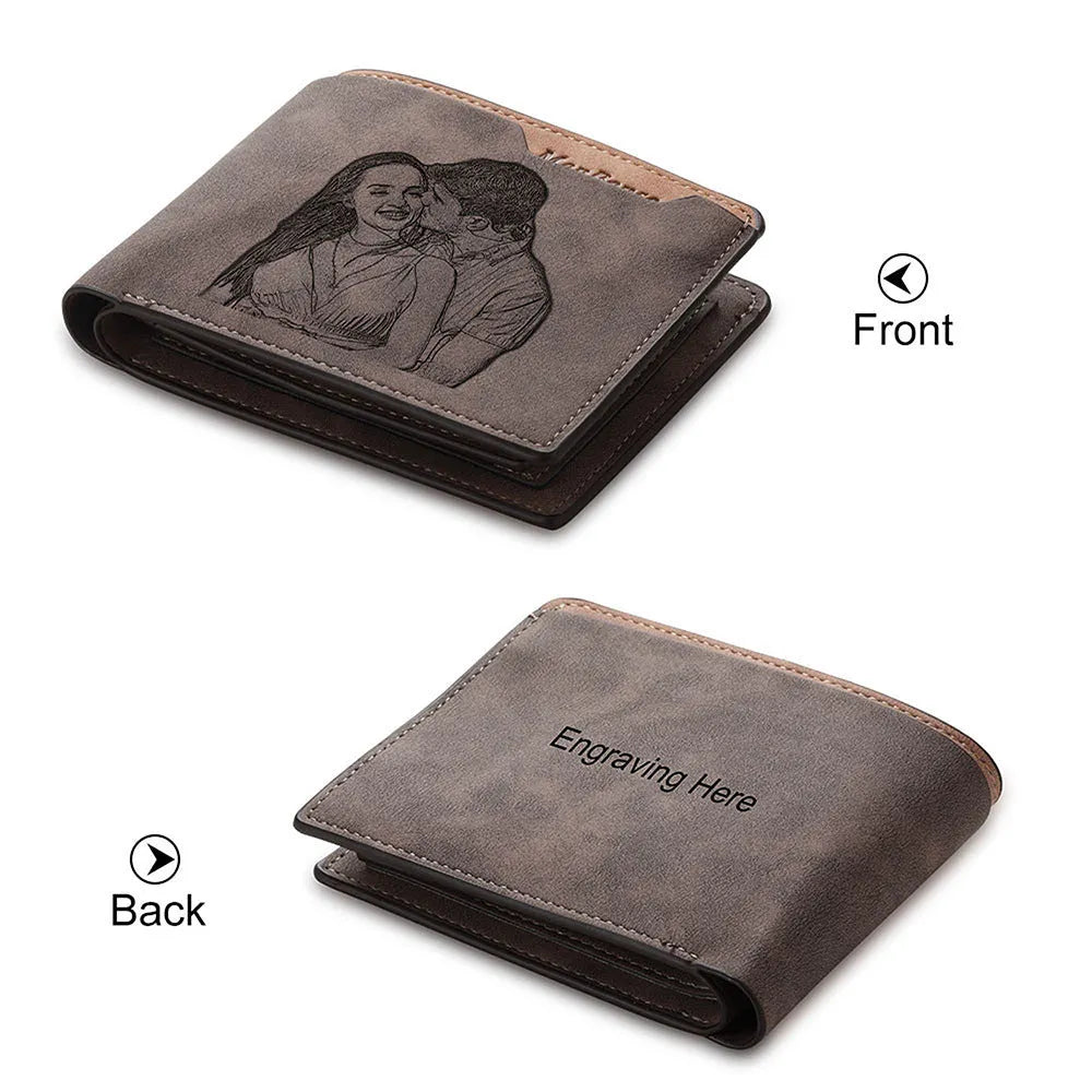 Coffee coloured engraved horizontal short wallet showing personalisation and compact 120x99x25mm dimensions