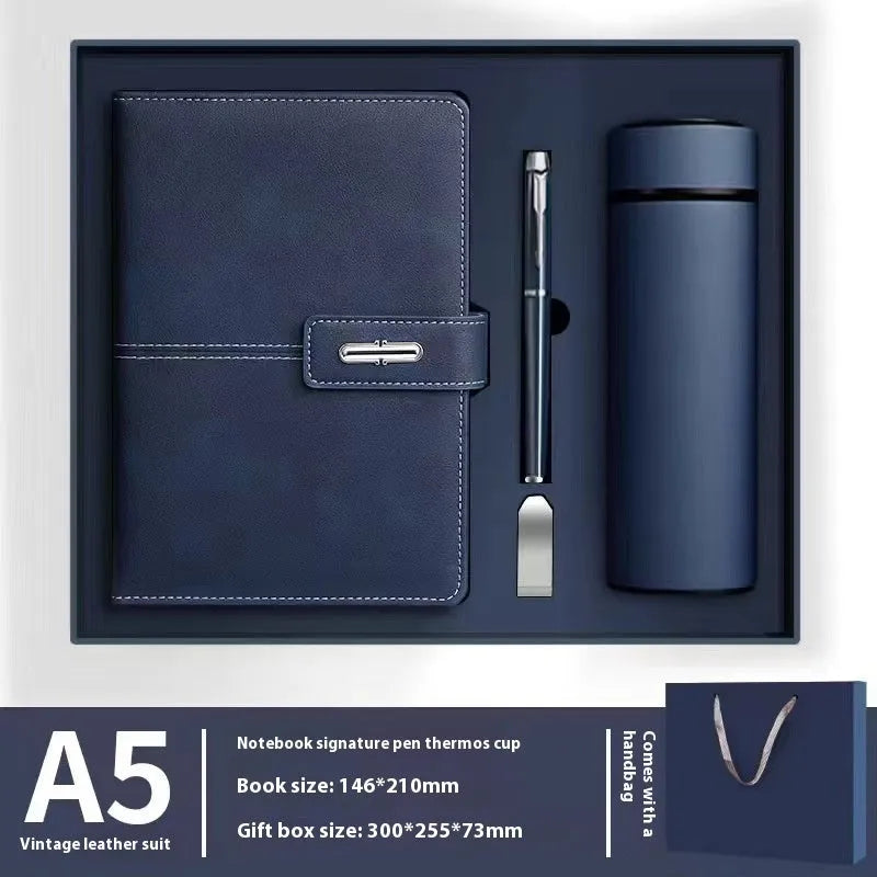 A5 notebook with imitation leather cover in multiple colour options including black, red, green, blue, and orange.