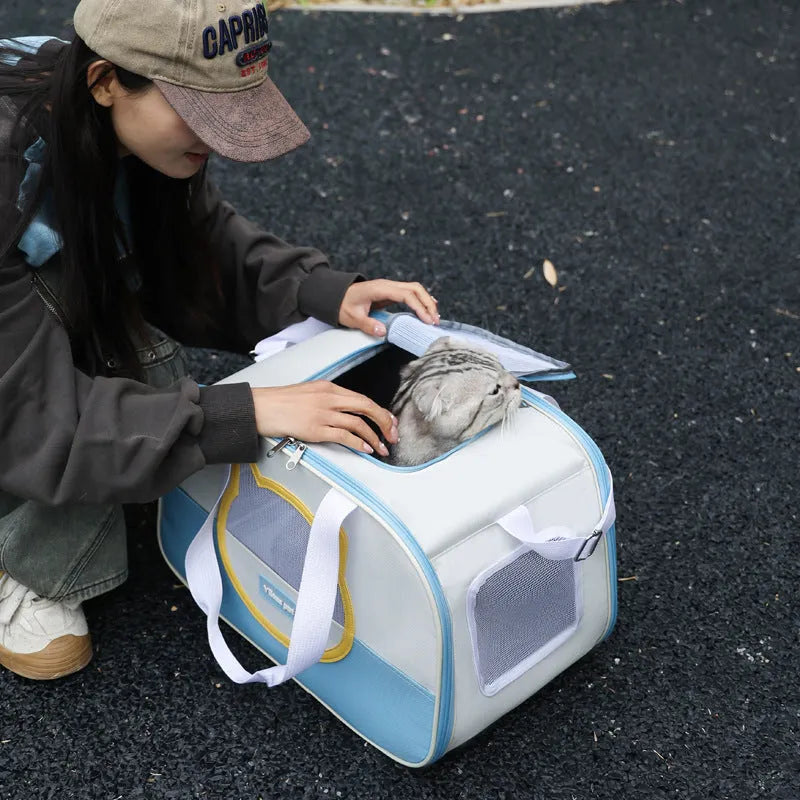 Outdoor portable foldable cat backpack in Oxford cloth with 15 jin capacity shown in blue colour option