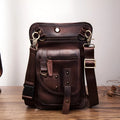 Men's black genuine leather punk style fanny pack with horizontal square case shape