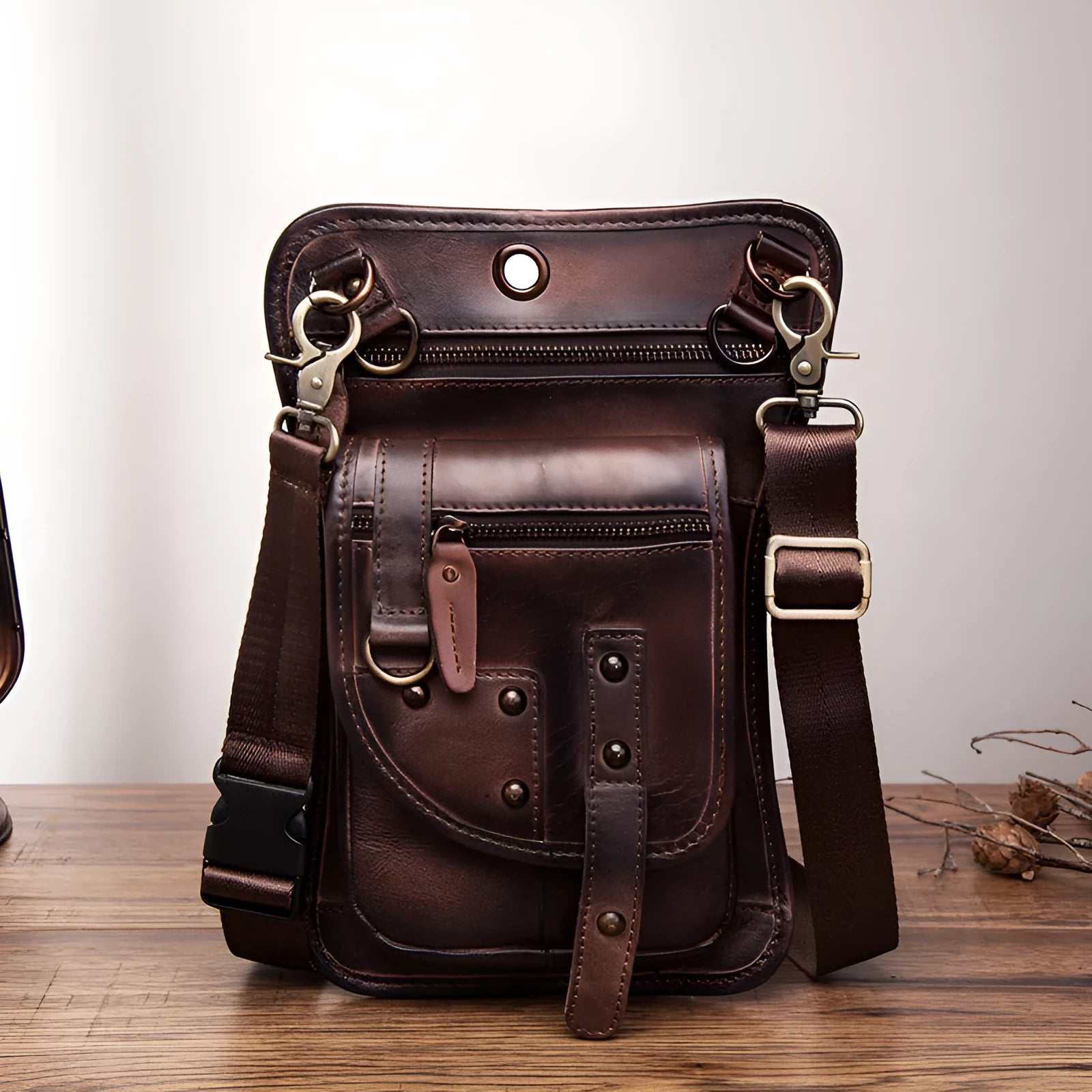 Men's black genuine leather punk style fanny pack with horizontal square case shape