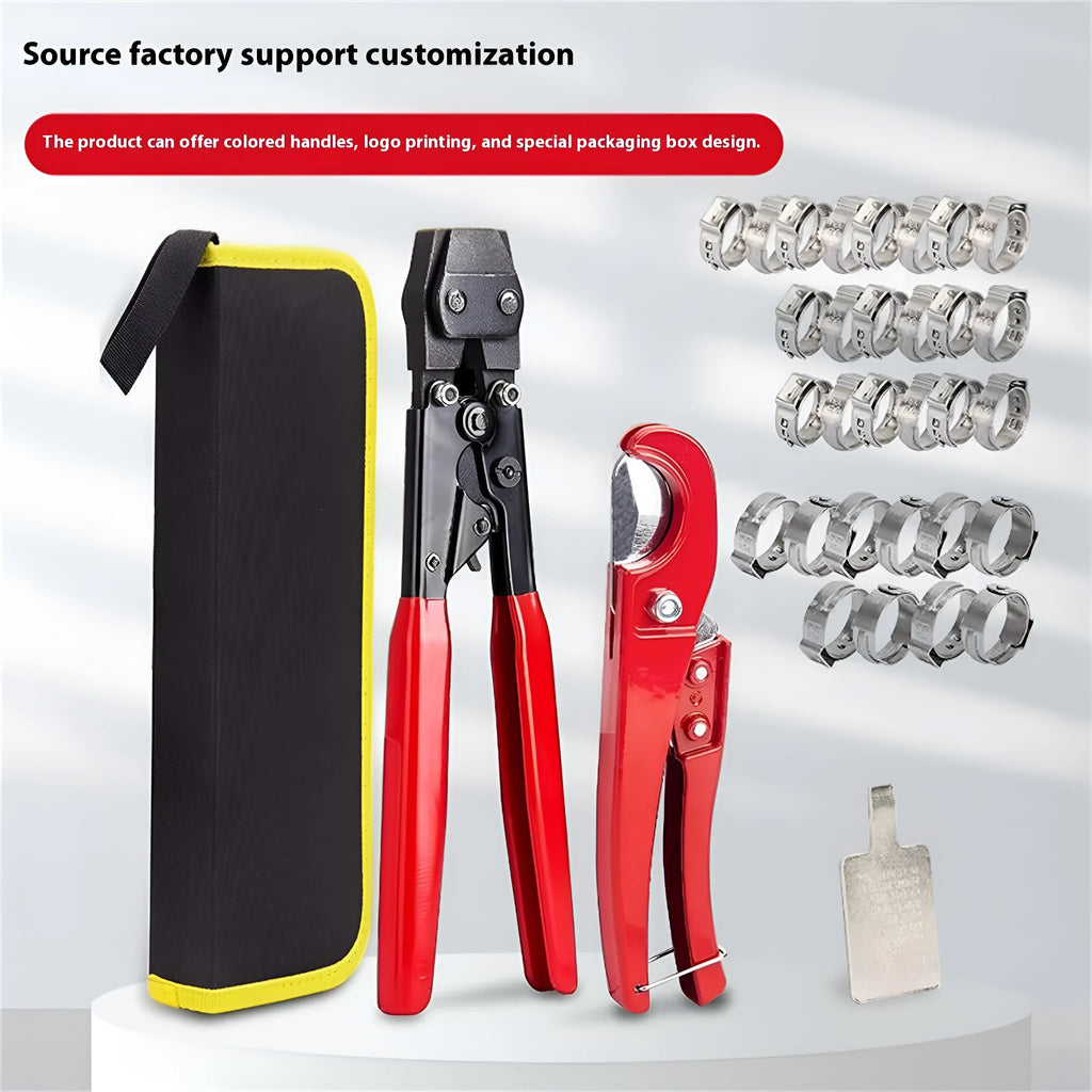 Red cloth pouch containing metal PEX clamp tool with single ear mechanism and carbon steel cutting edge