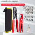 Red cloth pouch containing metal PEX clamp tool with single ear mechanism and carbon steel cutting edge