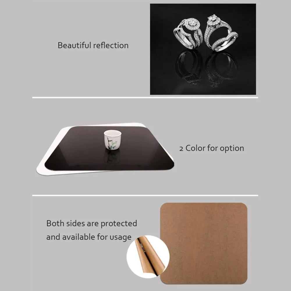 Black and white square acrylic reflection boards for product photography in three sizes.