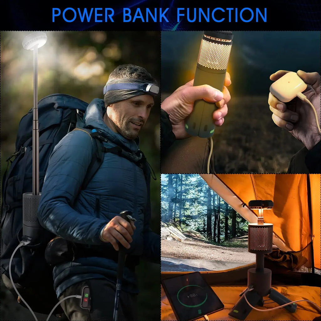 Portable LED camping lantern in off white or dark grey colour with a button switch.
