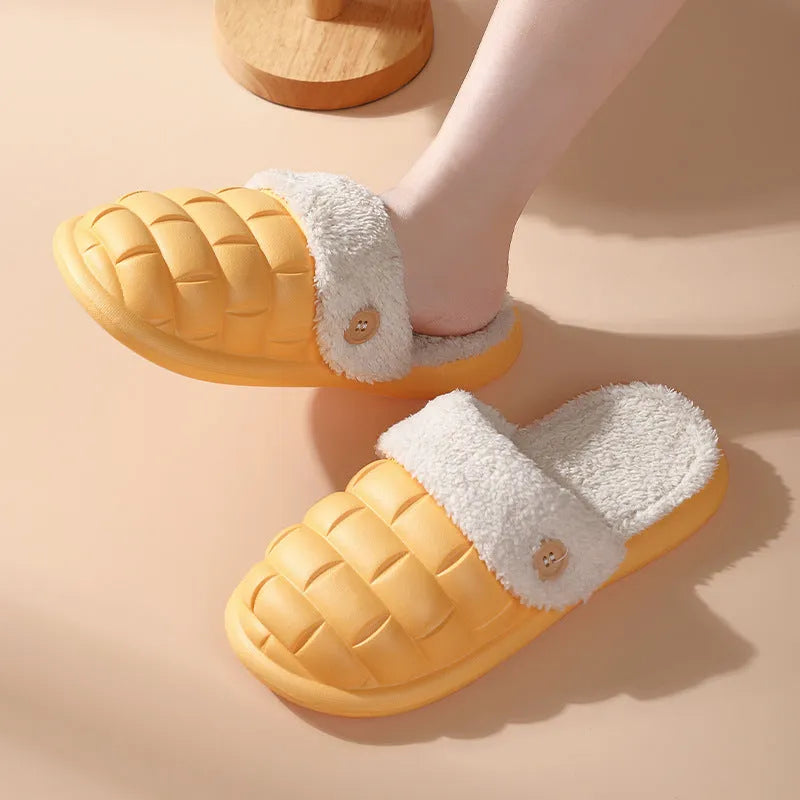 Plaid patterned detachable slippers for women with plush lining and a textured EVA anti-skid sole.