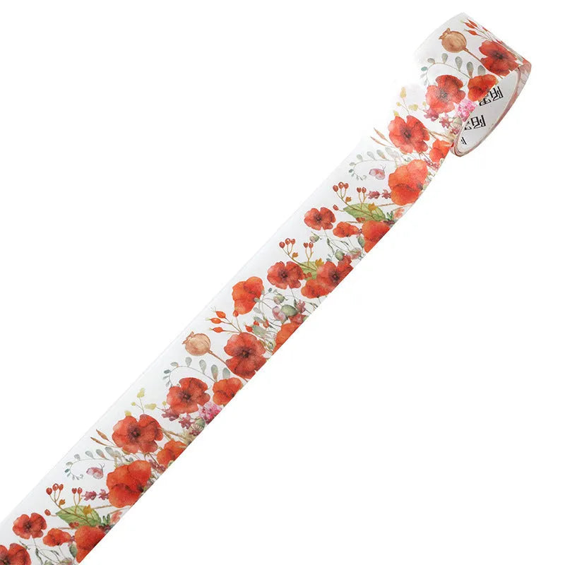 Roll of vintage floral watercolour decorative tape on a Japanese paper base, showing designs like Fog Mountain Forest.