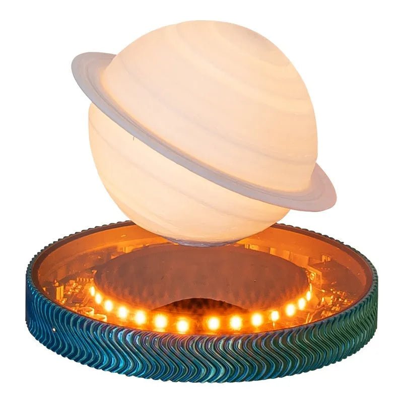 Magnetic suspension moon lamp floating above surface with USB cable