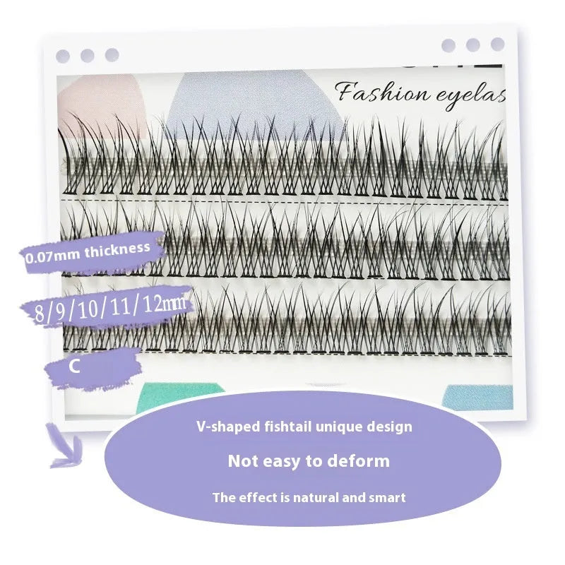 Black V-shaped fishtail false eyelashes showing segments in 8mm, 9mm, 10mm, 11mm, and 12mm lengths