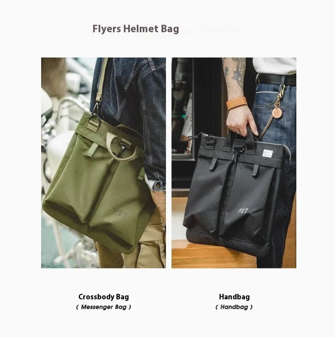Canvas crossbody shoulder bag in military green with phone pocket and space for 15-inch laptop