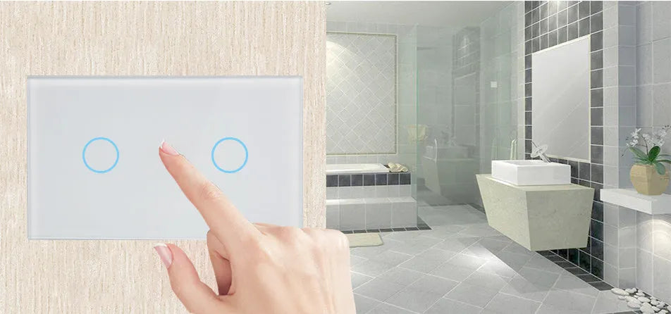 2-gang RF remote control light switch with tempered glass touch panel in black, white or gold finish