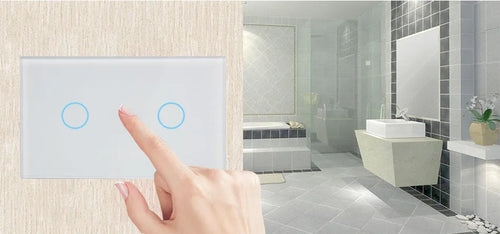 2-gang RF remote control light switch with tempered glass touch panel in black, white or gold finish