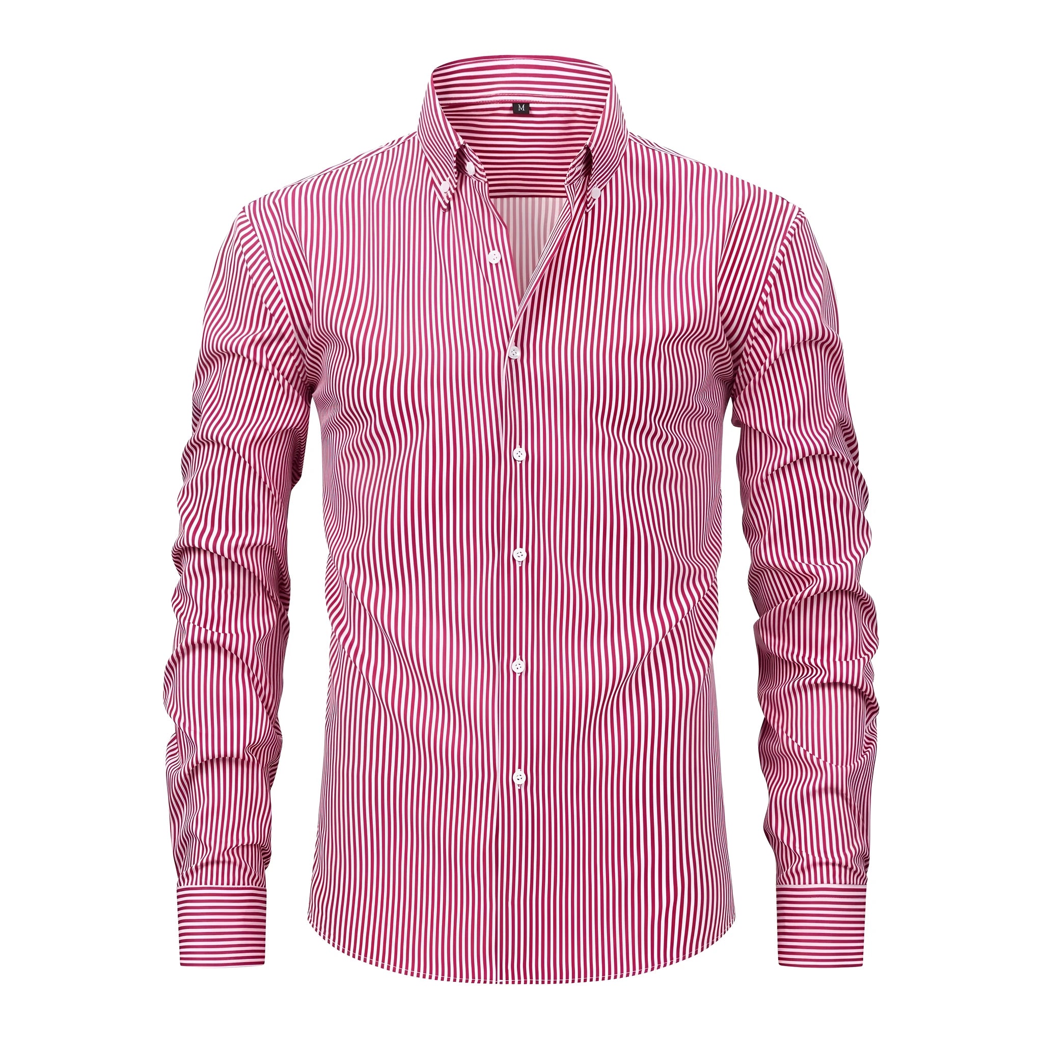 Man wearing a striped non-iron business casual shirt with a lapel collar.