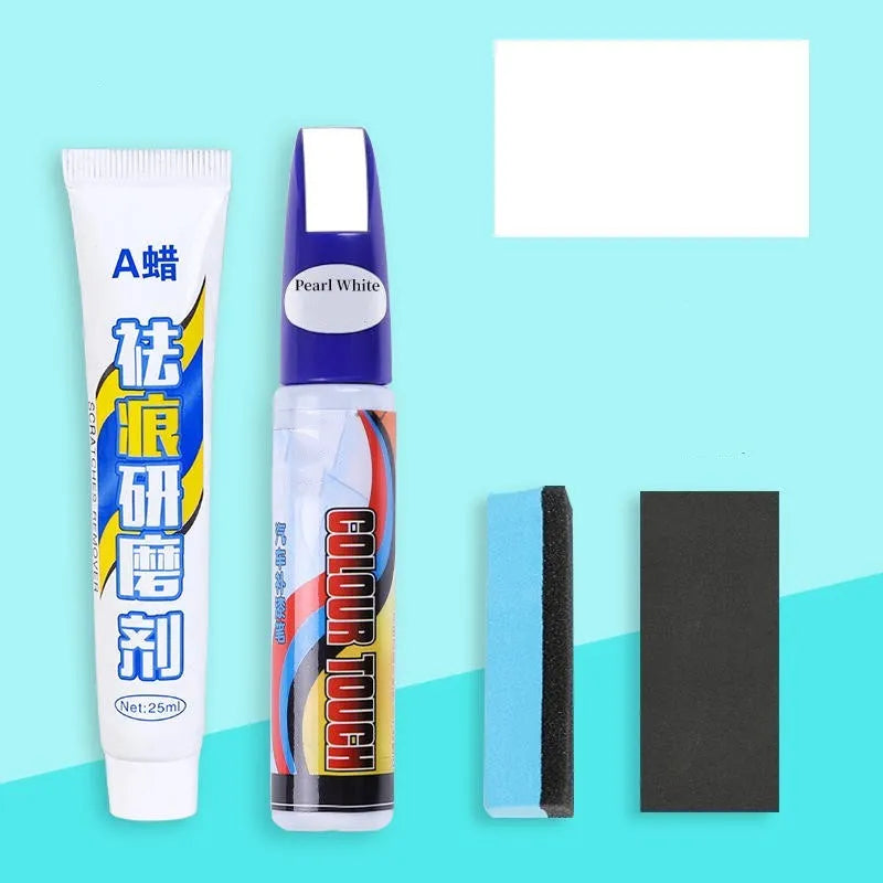 Automotive scratch repair kit with paint pen, wax pen, sponge, and sandpaper