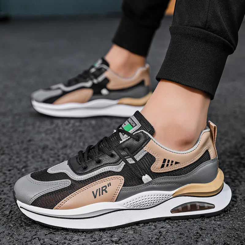Men's grey mesh casual running shoes with round toe and middle-top design