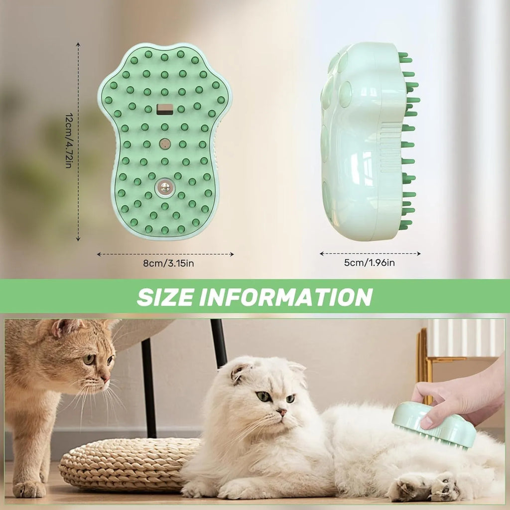 Self-cleaning cat steam brush with blue light and release button for pet grooming