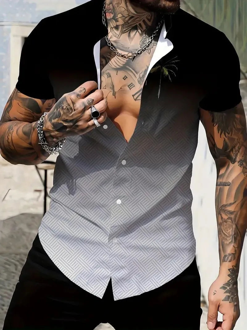 Men's geometric line print lapel short sleeve shirt in slim fit cardigan style