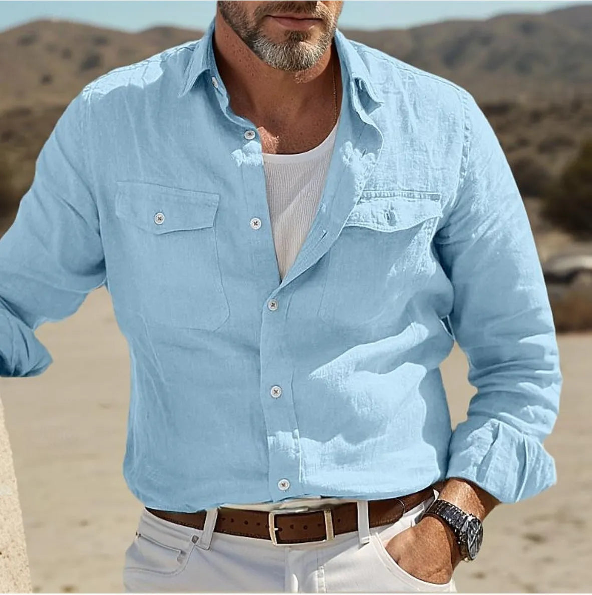 Men's loose fit long sleeve cotton linen summer shirt in solid green, sky blue, khaki, or white colour