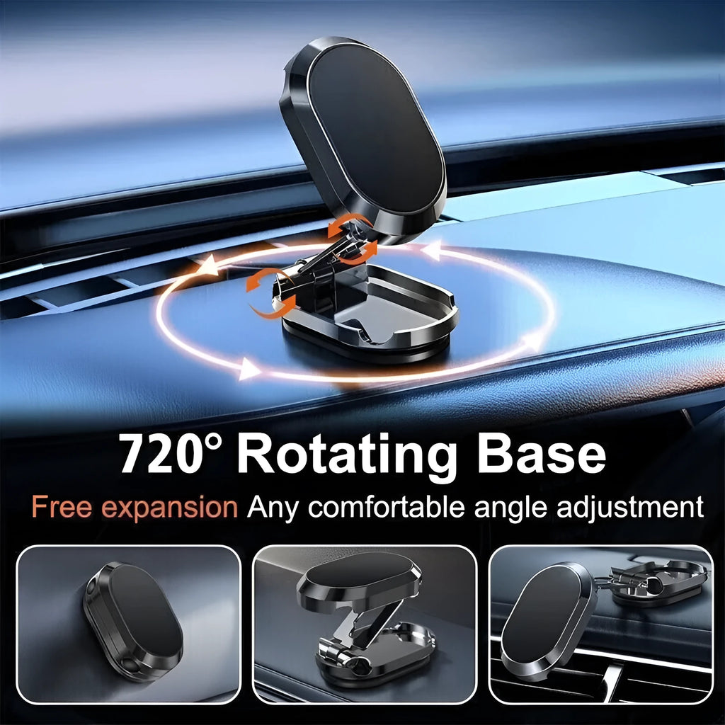 Chrome stainless steel magnetic car phone holder with foldable bracket and dashboard mount