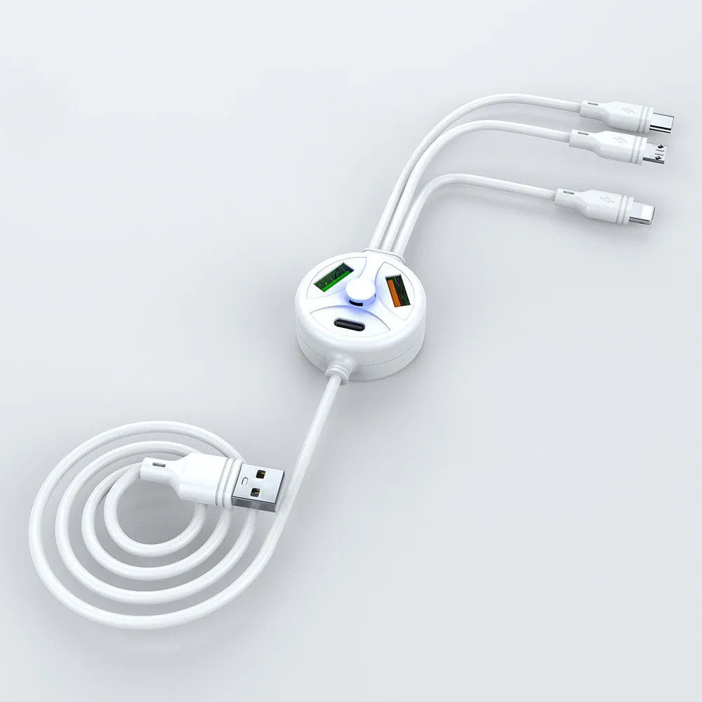 PD fast charge mobile phone cable with three USB connectors in 1.2 metre PVC construction