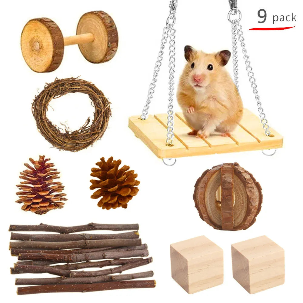 Wooden pet toy set with chewable pieces for rabbits, guinea pigs and parrots