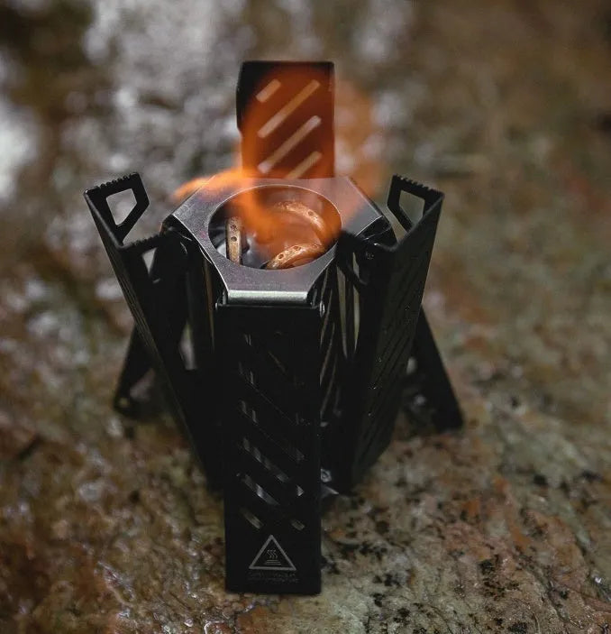 Hexagon foldable alcohol stove in black or silver colour for camping