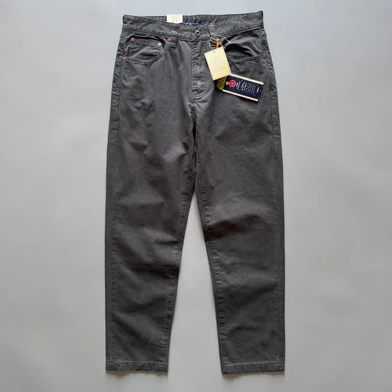Men's straight-leg cotton casual trousers in grey, shown laid flat