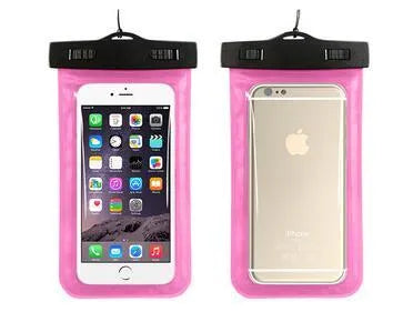 AQUA-ONE transparent waterproof phone pouch in assorted colours, showing phone inside.