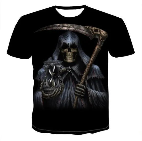 Men's 3D skull print cotton t-shirt in style 1, front view on a plain background
