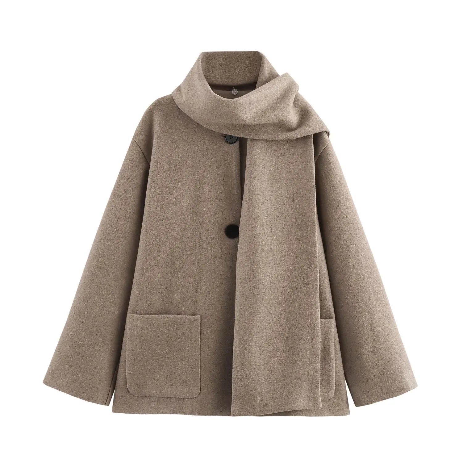 Women's long black polyester overcoat with artificial fur collar, shown at full length.