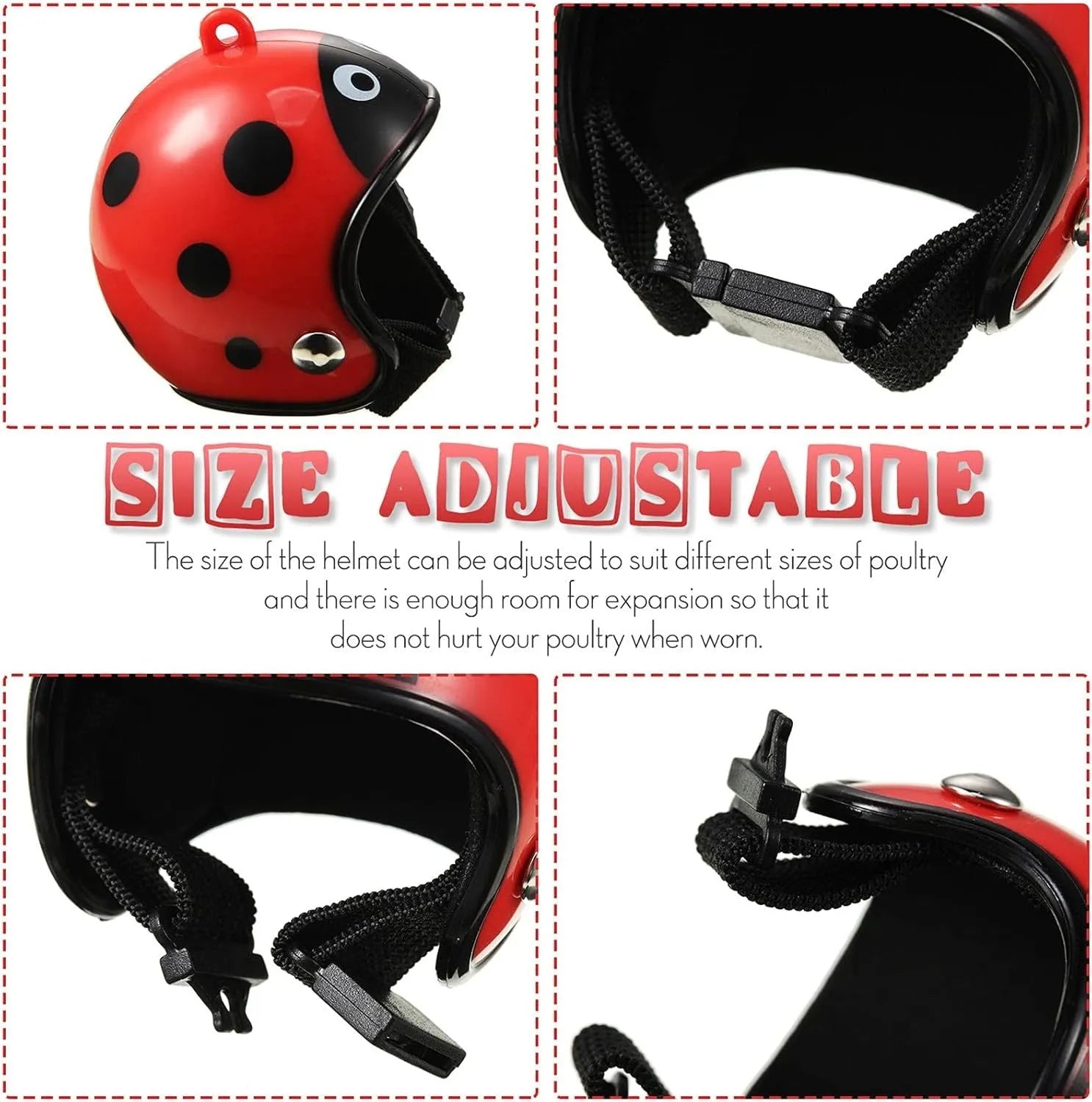 Small hard plastic helmet with elastic straps and sponge lining for a chicken or pet bird.