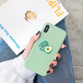Avocado cartoon design on a green TPU phone case for iPhone, showing back cover style.