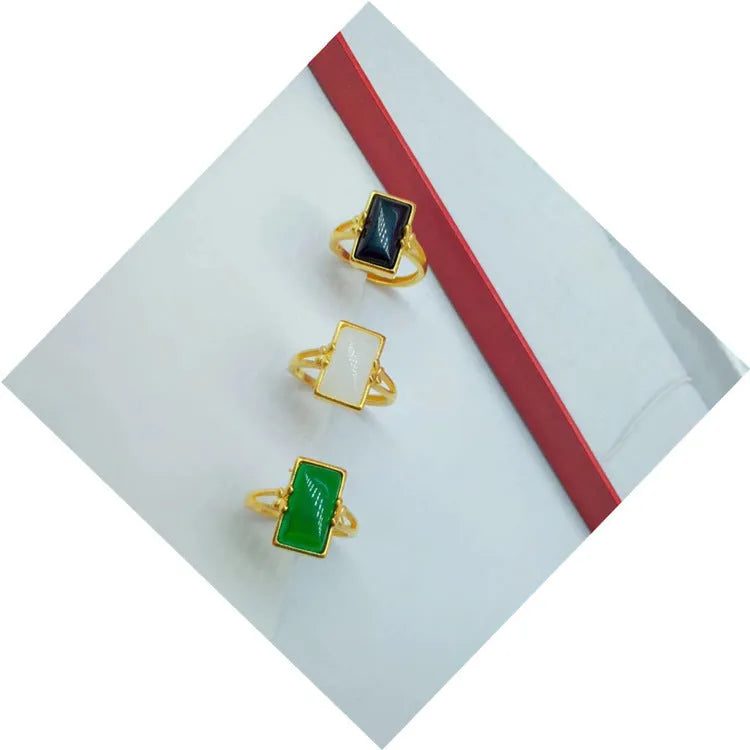 Adjustable brass gold-plated electroplated ring with artificial gemstone inlay in national style design