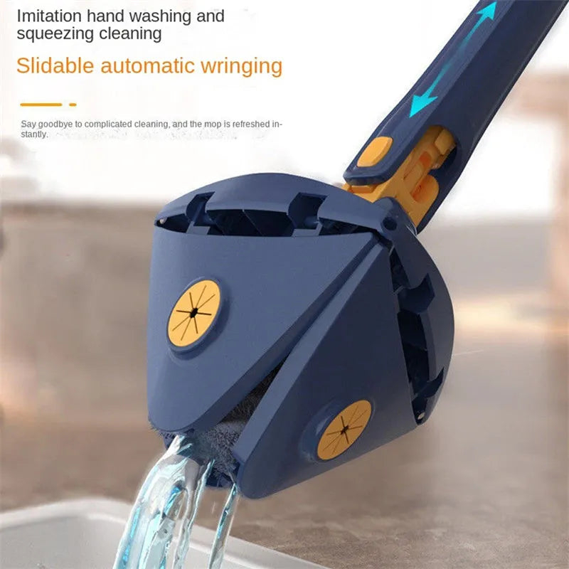 Blue triangular cleaning mop with 360-degree rotating head and adjustable stainless steel pole extended for use