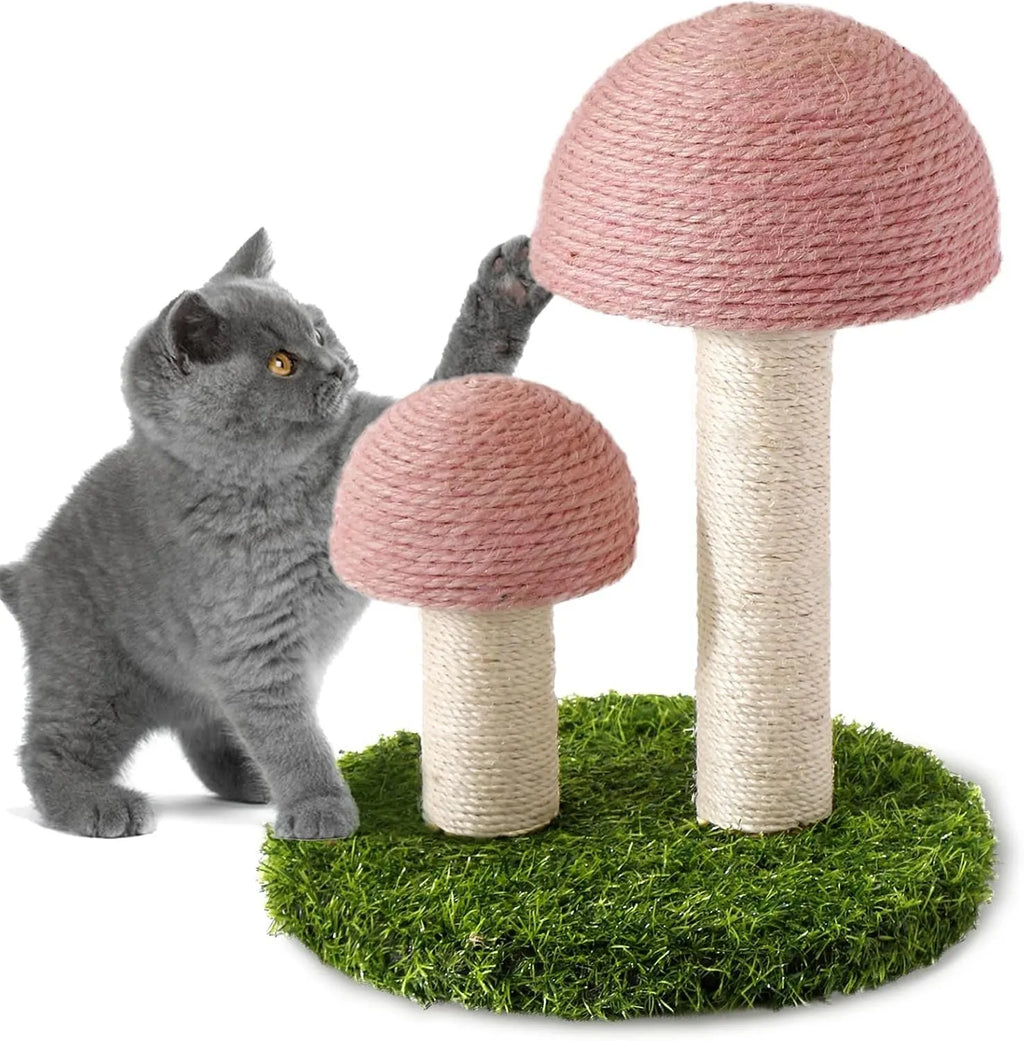 Pink mushroom-shaped cat scratching post with natural sisal scratching surfaces for small cats