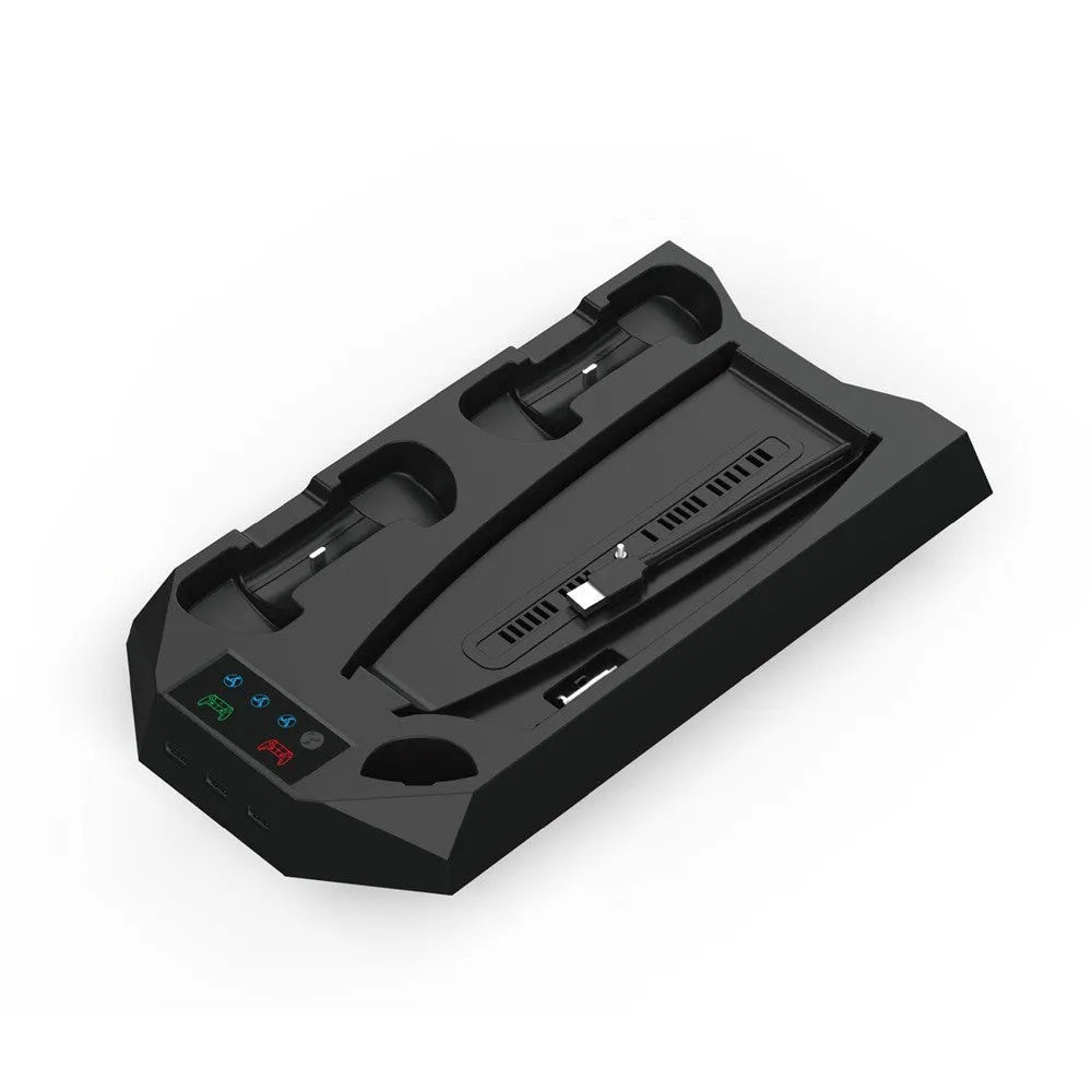 PS5 charging base radiator stand in black or white with USB port and earphone hook.