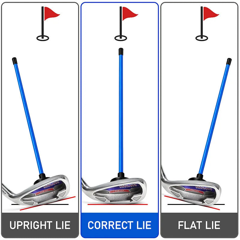 Red and blue aluminium alloy golf swing trainer with magnetic alignment bar.