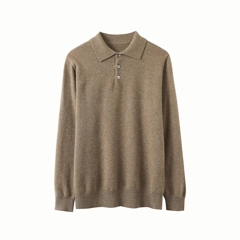 Men's sapphire blue cashmere polo collar loose fit pullover sweater