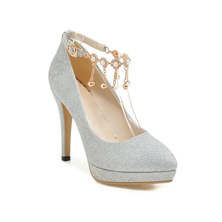 Blue women's platform high heel with stiletto heel and pointed toe on a plain background.