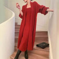 Women's grey knitted cardigan dress sweater suit two piece set with long skirt and regular sleeves.