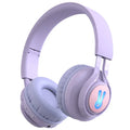 Wireless children's headphones with RGB LED lights in bunny pink colour showing power display