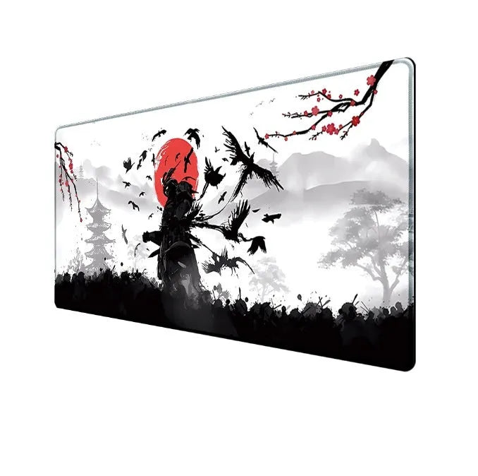 Japanese Samurai design gaming mouse pad on a desk, showing non-slip cloth base and thermal transfer print.