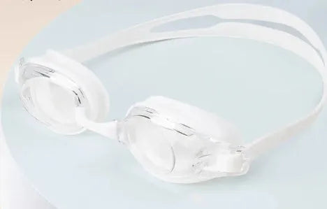 Adult myopia swimming goggles with anti-fog lenses and a protective storage case.