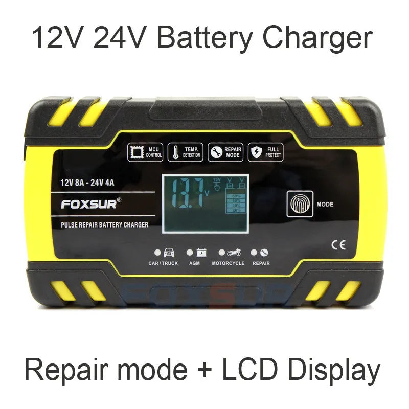 12V 24V motorcycle and car battery charger with LCD screen display for lead-acid batteries