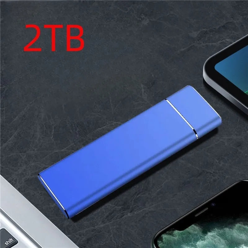 Sapphire blue metal portable solid state external hard drive with USB cable