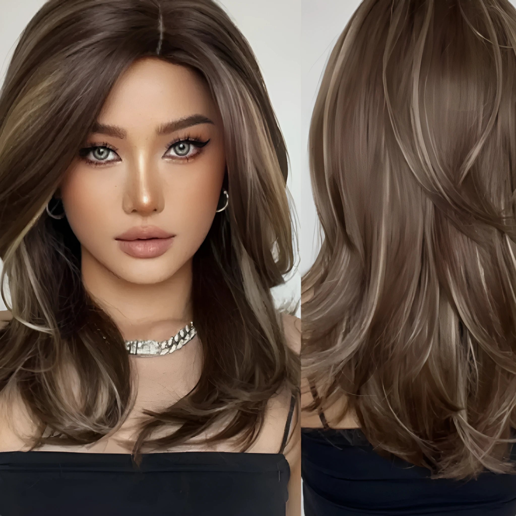 Mid-length curly full-head synthetic wig with long bangs in a platinum gradient colour.