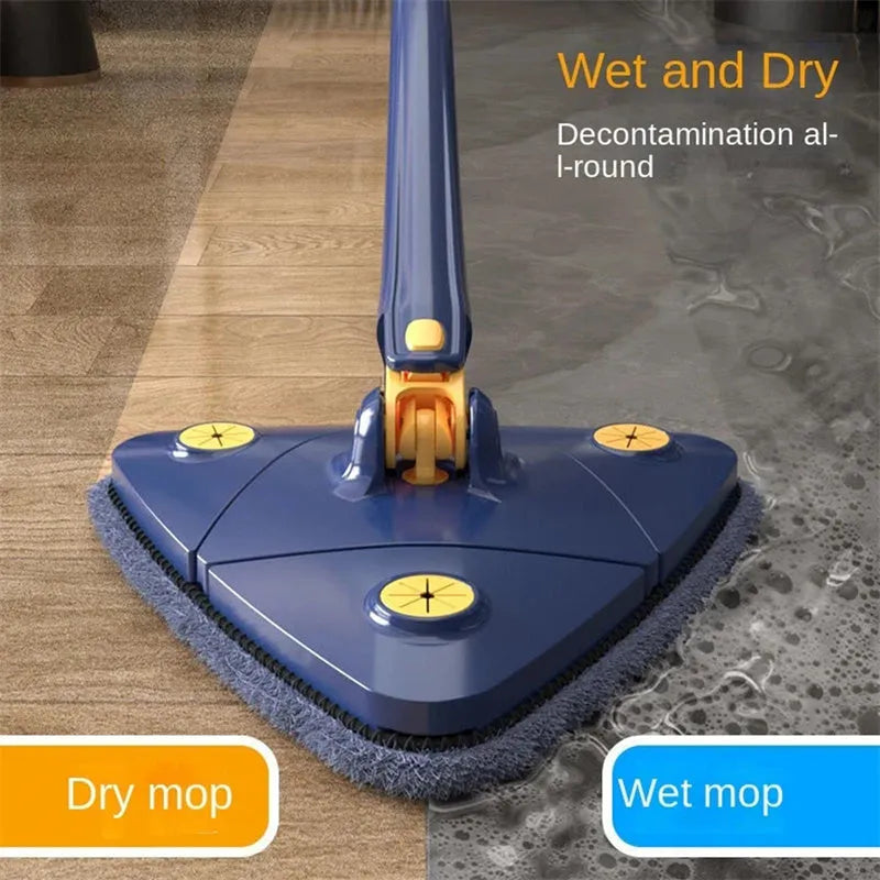 Blue triangular cleaning mop with 360-degree rotating head and adjustable stainless steel pole extended for use