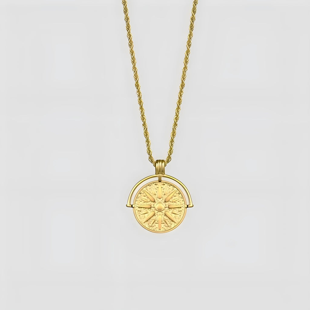 Geometric sunflower embossed pendant necklace on adjustable hemp flower chain